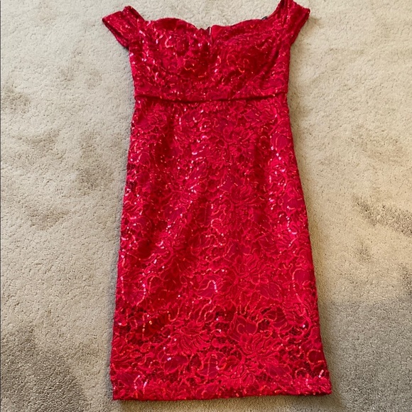 ***NWT*** BISOU BISOU RED SEQUIN OFF THE SHOULDER SHEATH DRESS - Picture 1 of 15